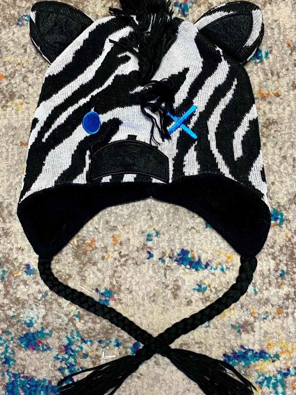 Kids Zebra Knit Earflap Hat - Black & White